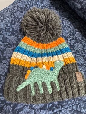 Next Direct Kids Charcoal Pom Beanie with Mint Dinosaur 6-12 month